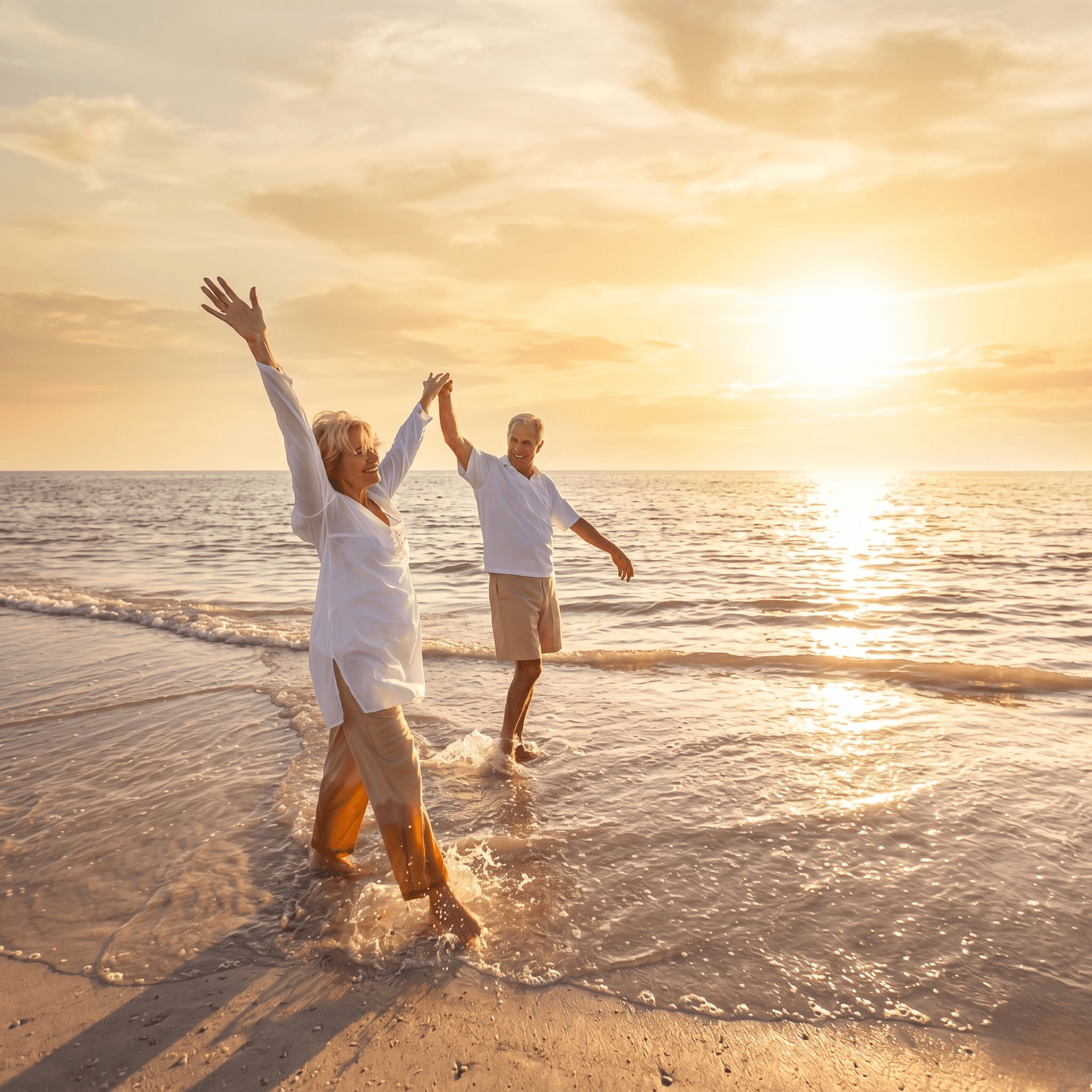 Pareja feliz en la playa, generación silver